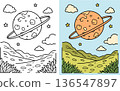 Cartoon planet with ring in space with clouds and stars, alien landscape, coloring page 136547897