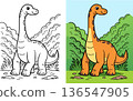Brachiosaurus coloring page for kids with long neck dinosaur standing in prehistoric jungle 136547905