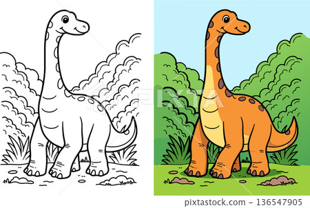 Brachiosaurus coloring page for kids with long neck dinosaur standing in prehistoric jungle Brachiosaurus coloring page for kids with long neck dinosaur standing in prehistoric jungle 136547905