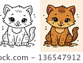 Adorable kitten coloring page for kids showing cute baby cat with spots sitting peacefully 136547912