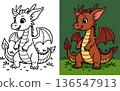 Adorable baby dragon standing on grass outline illustration 136547913