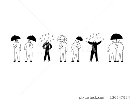A simple and loose hand-drawn illustration set of a person holding an umbrella 136547934
