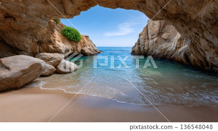Sea cave opening to hidden beach and blue ocean 136548048