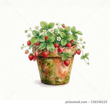 水彩插畫，描繪了種植在陶盆中的草莓（白色背景） 136548125