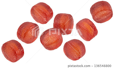 Falling red jelly candies isolated on white background with clipping path, full depth of field Falling red jelly candies isolated on white background with clipping path, full depth of field 136548800