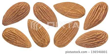 Almond nuts isolated on white background with clipping path, full depth of field Almond nuts isolated on white background with clipping path, full depth of field 136548801