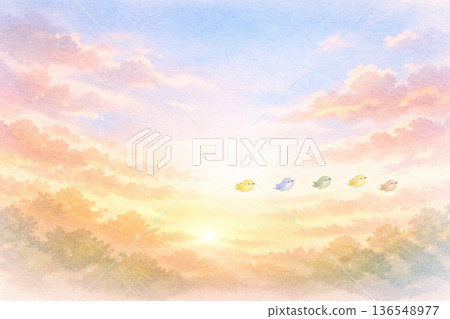 Bird series: A refreshing background of the morning sky and small birds 136548977
