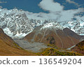 A trekking trail to the Shkhara Glacier from Ushguli. An autumn valley in the Caucasus Mountains. 136549204