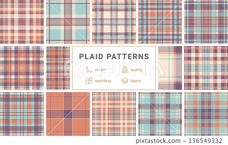 Warm peach and purple tartan plaid background with a seamless texture. This cozy vintage pattern is perfect for autumn fashion, home textiles, gift wrap, and digital craft projects. Warm peach and purple tartan plaid background with a seamless texture. This cozy vintage pattern is perfect for autumn fashion, home textiles, gift wrap, and digital craft projects. 136549332