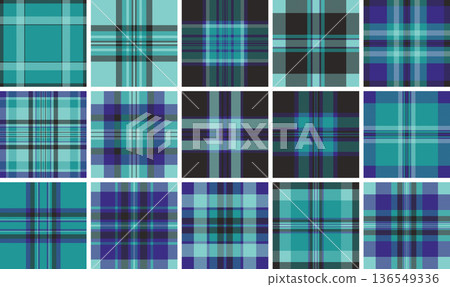 This vibrant turquoise and teal plaid pattern features a classic tartan design. A seamless fabric texture ideal for fashion, interior decor, and creative seasonal digital backdrops. 136549336