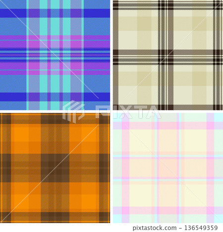 Plaid pattern set for small sewing studios and bespoke fashion. Seamless vectors enhance garments, scarves, jackets, accessories, and digital files. 136549359