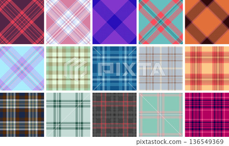 Plaid collection for bespoke tailoring and exclusive sewing projects. Vector patterns enhance small batch garments, scarves, jackets, and digital designs. 136549369
