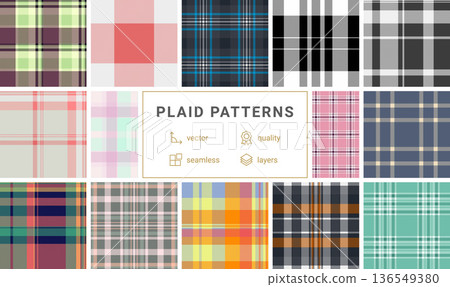Plaid bundle for coats and overcoats. Classic tartan textures enhance winter outerwear. Vector files maintain alignment. 136549380