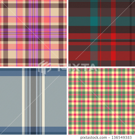 Plaid pattern pack tailored for Valentines and Womens Day styling. Coordinated tartan patterns fit cards, gift bags, and party decor. Seamless vector repetition aligns perfectly. 136549383
