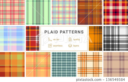 Vintage style tartan plaid seamless pattern. Scalable vector background ideal for fashion design, fabric, stationery products, branding, and classic graphic compositions. Vintage style tartan plaid seamless pattern. Scalable vector background ideal for fashion design, fabric, stationery products, branding, and classic graphic compositions. 136549384