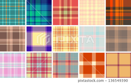 Plaid collection capturing American casual style and buffalo check aesthetics. Vector designs ideal for shirts, jackets, blankets, scarves, and digital media. 136549390