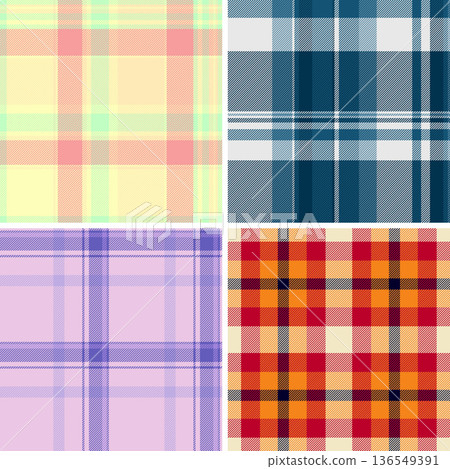 Plaid pack tailored for mens jackets and blazers. Coordinated tartan designs elevate outerwear collections. Vector scalability supports production. 136549391