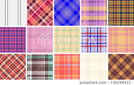 Decorative plaid collection designed for holiday interiors. The pack supports wall art and seasonal decor visuals. Seamless vectors feel continuous. 136549415