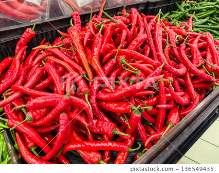 Red chili pepper sales area at overseas supermarkets Red chili pepper sales area at overseas supermarkets 136549435