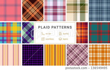 Plaid pattern set for urban fashion and contemporary styling. Tartan textures elevate streetwear, casual collections, and layering pieces. Seamless vectors align edges. Plaid pattern set for urban fashion and contemporary styling. Tartan textures elevate streetwear, casual collections, and layering pieces. Seamless vectors align edges. 136549495