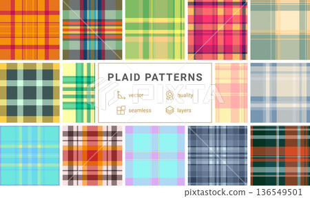 Plaid pattern pack for pajamas and playwear. Coordinated tartan layouts ensure consistent design across products. Vector paths stay precise. Plaid pattern pack for pajamas and playwear. Coordinated tartan layouts ensure consistent design across products. Vector paths stay precise. 136549501