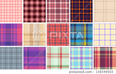 Plaid pattern set for everyday layering essentials. Seamless vector designs suit skirts, blouses, tops, and casual dresses. Plaid pattern set for everyday layering essentials. Seamless vector designs suit skirts, blouses, tops, and casual dresses. 136549503