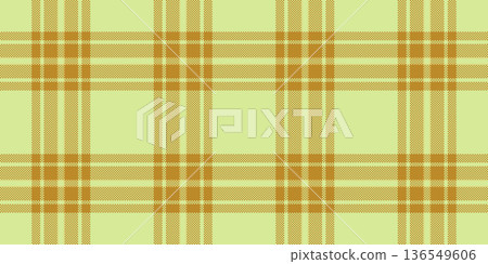 Damask seamless fabric background, scrapbook tartan plaid texture. Packing vector check textile pattern in lime and amber colors. 136549606