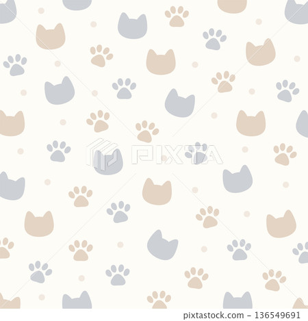Cute seamless pattern background of cats and paws - Simple and natural illustration material on a white background 136549691