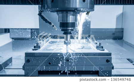 CNC milling machine processing on steel with cooling CNC milling machine processing on steel with cooling 136549748
