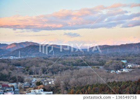 Aichi Prefecture: Evening view of the forest park area from Skyward Asahi in Owariasahi City Aichi Prefecture: Evening view of the forest park area from Skyward Asahi in Owariasahi City 136549758
