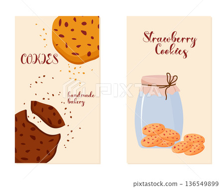 Cookies and strawberry cookies in a jar banner set. Handmade bakery concept, sweet food for dessert promotion and packaging. Cookies and strawberry cookies in a jar banner set. Handmade bakery concept, sweet food for dessert promotion and packaging. 136549899