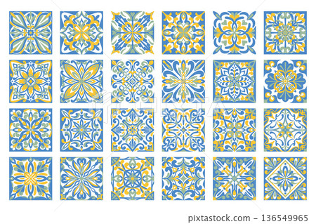 Mediterranean ceramic tiles. Blue patterns with geometric ornaments. Vector design features traditional Portuguese azulejo motifs for elegant interiors. Vector elements 136549965