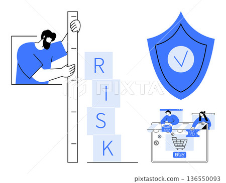 Risk assessment, e-commerce security, online shopping, data protection, digital solutions, business strategy. Shield with checkmark, man evaluating risk and online shopping elements. Risk assessment 136550093
