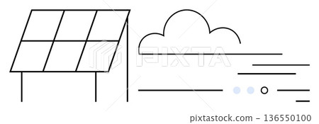 Climate change, renewable resources, sustainability, solar energy, clean technology, eco-friendly solutions. Solar panel and cloud in a simple line art. Solar energy and eco-friendly solutions Climate change, renewable resources, sustainability, solar energy, clean technology, eco-friendly solutions. Solar panel and cloud in a simple line art. Solar energy and eco-friendly solutions 136550100