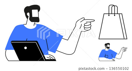 E-commerce, online shopping, retail, digital marketing, product promotion, online transactions. A person with a laptop pointing to a shopping bag. E-commerce and online shopping concept 136550102