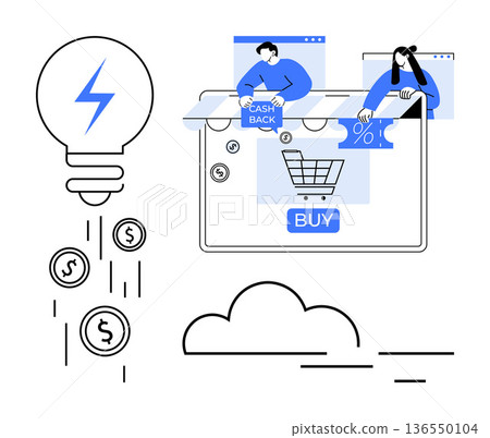 Online shopping, cashback rewards, e-commerce, digital payments, financial savings, technology services. Illustration features a shopping cart, cash flow and discount elements. E-commerce 136550104