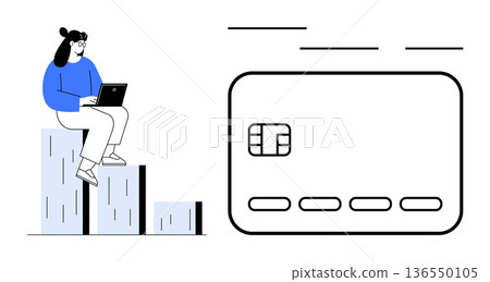 Financial services, online shopping, digital banking, transactions, payment systems, modern finance. Person sitting on bars with laptop next to large credit card icon. Financial services and online 136550105