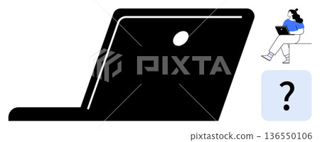 Remote work, problem-solving, digital learning, work-life balance, online communication, technology usage. Black laptop silhouette, person working question mark. Remote work and problem-solving 136550106