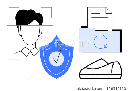 Identity verification, cybersecurity, data management, personal security, biometrics, technology. Face recognition, protective shield document and scanner. Identity verification and cybersecurity 136550110