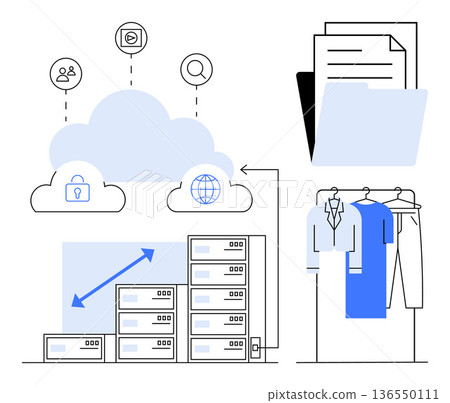 Cloud computing, big data, e-commerce, digital security, online storage, technology services. Cloud icons, server racks files clothing. Cloud computing and big data connection Cloud computing, big data, e-commerce, digital security, online storage, technology services. Cloud icons, server racks files clothing. Cloud computing and big data connection 136550111
