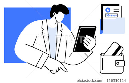 Identity verification, secure transactions, personal data security, wallets, mobile payments, online services. Person holding tablet, wallet with card and ID document. Identity verification 136550114