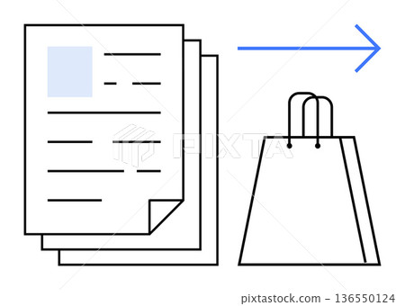 E-commerce, digital transactions, online shopping, shipping, order processing, business management. Papers moving toward a shopping bag. E-commerce and digital transactions concept 136550124