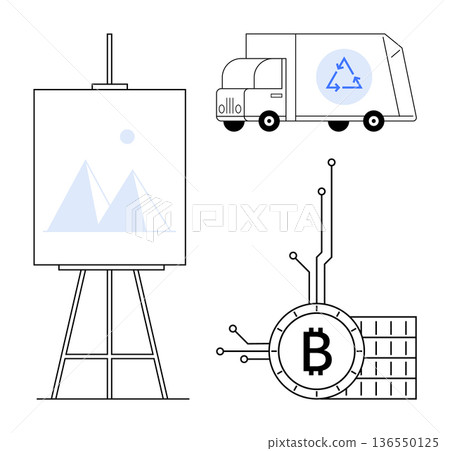 Cryptocurrency, environmental sustainability, blockchain, clean energy, digital economy, art innovation. Bitcoin symbol with circuit lines, a recycling van and a canvas with pyramids. Cryptocurrency Cryptocurrency, environmental sustainability, blockchain, clean energy, digital economy, art innovation. Bitcoin symbol with circuit lines, a recycling van and a canvas with pyramids. Cryptocurrency 136550125