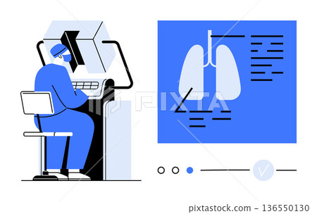 Medical diagnostics, healthcare technology, radiology, lung health, digital medicine, data analysis. A professional analyzes lung x-ray on a computer. Medical diagnostics and healthcare technology 136550130
