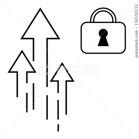 Business growth, data protection, technology advancement, cybersecurity, trust, innovation. Three upward arrows and a lock with a keyhole symbol. Business growth and data protection concepts 136550133