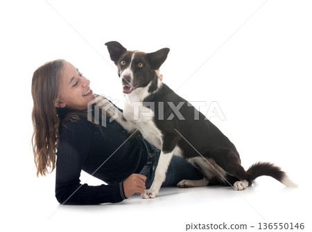 border collie and owner in studio border collie and owner in studio 136550146