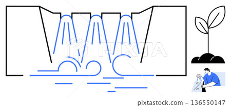 Environmental sustainability, conservation, growth, water management, eco-friendly practices, agriculture. Vector with waterfalls, sprouting plant and person testing water. Water management Environmental sustainability, conservation, growth, water management, eco-friendly practices, agriculture. Vector with waterfalls, sprouting plant and person testing water. Water management 136550147