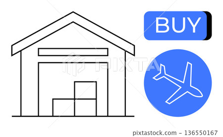 E-commerce, global shipping, logistics, online retail, supply chain, delivery services. A warehouse with boxes, a buy button and an airplane icon. E-commerce and global shipping concept E-commerce, global shipping, logistics, online retail, supply chain, delivery services. A warehouse with boxes, a buy button and an airplane icon. E-commerce and global shipping concept 136550167