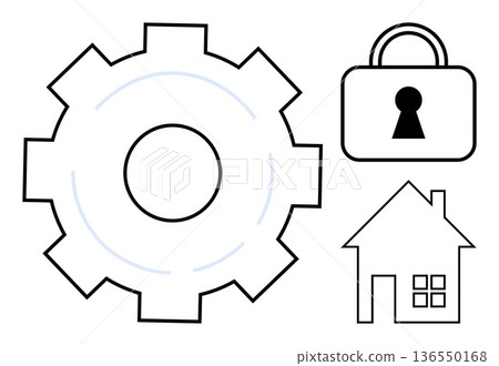 Security systems, technology, home automation, data privacy, smart home, innovation. Minimal icons of a gear, padlock and house. Security systems and technology concepts for innovation and smart 136550168