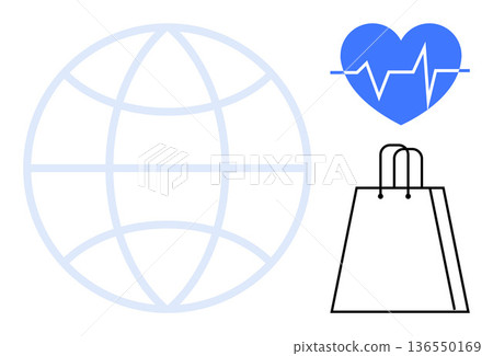 E-commerce, global trade, healthcare systems, online shopping, health monitoring, consumer trends. A globe, heart with a heartbeat line and shopping bag. Global trade and healthcare systems theme E-commerce, global trade, healthcare systems, online shopping, health monitoring, consumer trends. A globe, heart with a heartbeat line and shopping bag. Global trade and healthcare systems theme 136550169